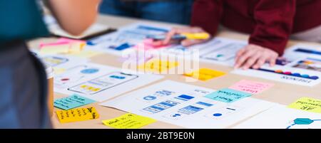 Nahaufnahme von ux-Entwickler und ui-Designer Brainstorming zum Wireframe-Design für mobile Anwendungen auf dem Tisch mit Kundenbeschreibung und Farbcode auf modern Stockfoto