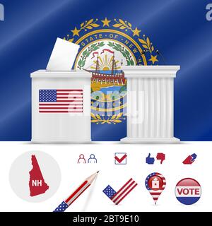 Präsidentschaftswahlen in New Hampshire. Winkende Flagge, realistische Wahlurne, Podium des öffentlichen Sprechers, Silhouette Karte und Abstimmung Symbol gesetzt. Stockfoto