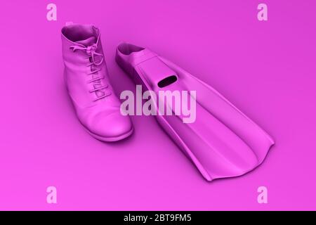 3D-Rendering des Sommer-Konzepts. Mit einem lila Flipper und einem lila Stiefel übergeht es vom Winter in den Sommer. Grenzschließung, Reisebeschränkungen. Stockfoto