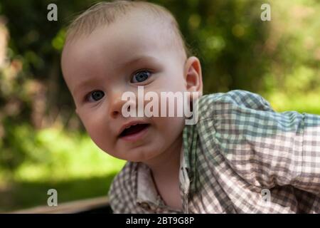 Liebenswert neun Monate alten Baby Junge genießt es, im Freien in Manor Farm Country Park, Hampshire, England, Großbritannien. MODELL FREIGEGEBEN Stockfoto