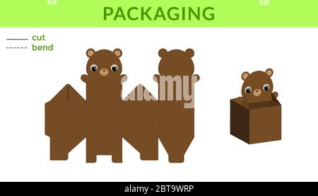 Liebenswert DIY Party Favor Box für Geburtstage, Baby-Duschen mit niedlichen Bär für Süßigkeiten, Süßigkeiten, kleine Geschenke. Druckbares Farbschema. Stock Vektor