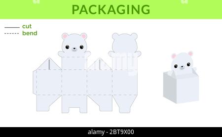 Entzückende DIY Party Favor Box für Geburtstage, Baby-Duschen mit niedlichen Eisbären für Süßigkeiten, Süßigkeiten, kleine Geschenke. Druckbares Farbschema. Stock Vektor