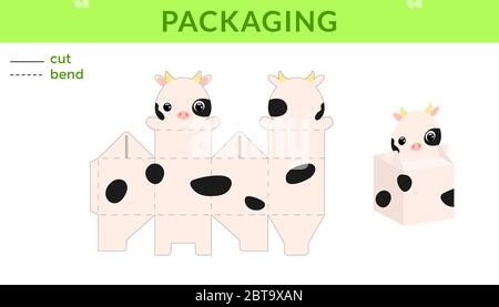 Liebenswert DIY Party Favor Box für Geburtstage, Baby-Duschen mit niedlichen Kuh für Süßigkeiten, Süßigkeiten, kleine Geschenke. Druckbares Farbschema. Stock Vektor