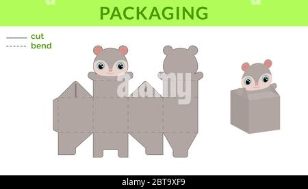 Liebenswert DIY Party Favor Box für Geburtstage, Baby-Duschen mit niedlichen Opossum für Süßigkeiten, Süßigkeiten, kleine Geschenke. Druckbares Farbschema. Stock Vektor