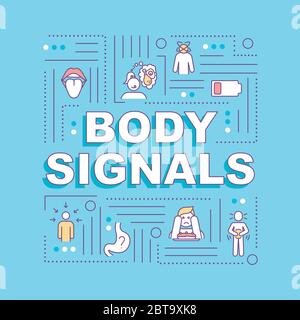 Body Signals Wort Konzepte Banner. Hunger und Appetit Sinne, Verdauungsstörungen. Infografiken mit linearen Symbolen auf blauem Hintergrund. Isolierte Typografie Stock Vektor