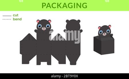 Entzückende DIY Party Favor Box für Geburtstage, Baby-Duschen mit niedlichen Panther für Süßigkeiten, Süßigkeiten, kleine Geschenke. Druckbares Farbschema. Stock Vektor