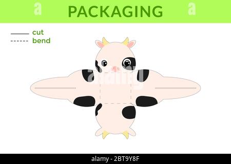 Liebenswert DIY Party Favor Box für Geburtstage, Baby Duschen mit niedlichen Kuh für Süßigkeiten, Süßigkeiten, kleine Geschenke, Bäckerei. Druckbares Farbschema. Stock Vektor