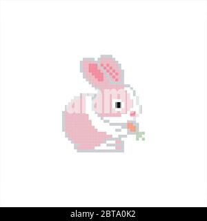 Rosa Hase hält Karotte. Pixel Design Vektor Illustration auf dem weißen Hintergrund. Stock Vektor