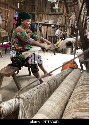 Lung Tam, Vietnam - 9. Januar 2020 - Frau, die auf traditionelle Weise webt, konzentriert sich auf lin und Webstuhl Stockfoto