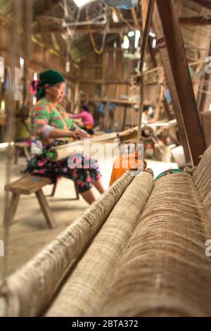 Lung Tam, Vietnam - 9. Januar 2020 - Frau, die auf traditionelle Weise webt, konzentriert sich auf lin und Webstuhl Stockfoto