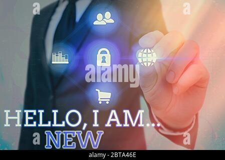 Schreiben Hinweis angezeigt Hallo ich bin neu. Business Konzept für Grußansagen oder Telefon Gespräch beginnen Stockfoto
