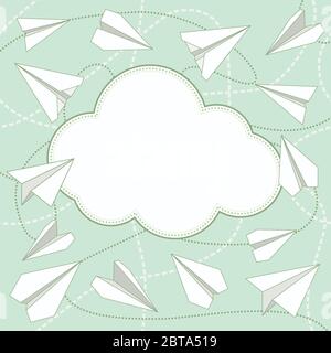 Papierebenen und Wolkenvektorhintergrund. Papierflugzeuge fliegen um die Wolke mit leerem Platz für Text. Papierflächen und wolkenflaches Design Stock Vektor