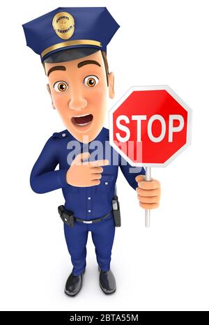 3d Polizist hält Stoppschild, Illustration mit isolierten weißen Hintergrund Stockfoto