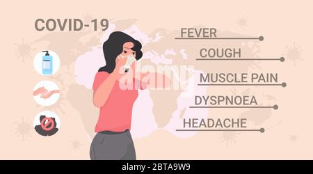 Frau trägt Gesichtsmaske Coronavirus 2019-ncov Pandemie Konzept Fieber Husten Muskelschmerzen Dyspnoe Kopfschmerzen Symptome Infografik Weltkarte Hintergrund Porträt Vektor Illustration zu verhindern Stock Vektor