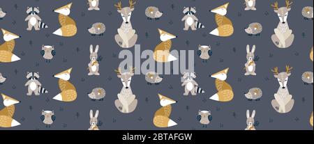 Nahtloses Muster mit niedlichen Waldtieren auf dunklem Hintergrund. Vektorgrafik. Stock Vektor