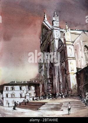 Basilika Santa Croce bei Sonnenuntergang in der mittelalterlichen Stadt Florenz, Italien. Kirche Santa Croce, Florenz Italien Kunstwerk Aquarell Malerei Kirche Stockfoto