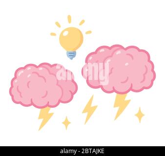Brainstorming Zeichnung, zwei Gehirne mit Gewitterblitz und Glühbirne. Brainstorming in der Gruppe, kreative Problemlösung. Cartoon Stil Vektor Illustration. Stock Vektor