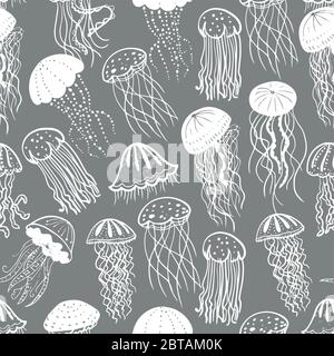 Vektor-Illustration von verschiedenen weißen Silhouetten Quallen nahtlose Oberfläche Muster. Meereshintergrund von Fischen. Stock Vektor