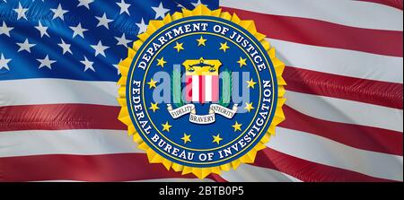 US-FBI-Emblem winkt auf US-Flagge. National 3d Federal Bureau of Investigation Flag winken, 3d-Rendering. Zeichen des US FBI. FBI-Flagge Stockfoto