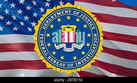 FBI-Emblem auf US-Flagge im Wind. Federal Bureau of Investigation Flag Hintergrund, 3d-Rendering. United States Forces Flag winken Nahaufnahme HD-Bild.Feder Stockfoto