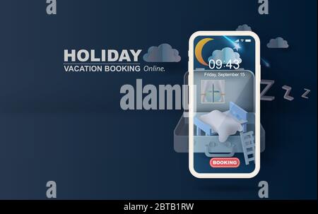 3D Papier Kunst und Handwerk des Schlafzimmers im Koffer mobilephone Konzept Ihr Text Raum Hintergrund.Illustration der Idee Design Couch in Tasche.der Mond in der Nähe Stock Vektor