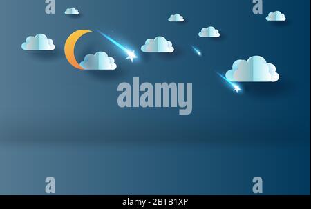 3D Papier Kunst und Handwerk Stil der Halbmond mit Wolke und Sternschnuppen am Himmel Nacht Ihren Text Raum Hintergrund.gute Nacht und süße Traum dunklen Schatten.O Stock Vektor