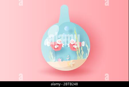 3D Papier Kunst und Handwerk Stil der Fische süße Liebe Unterwasser im Kreis Glas Aquarium, isoliert Pastell verwenden schöne colors.Aquarium Dekoration Startseite ta Stock Vektor