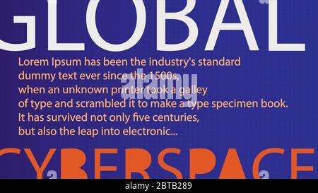 Global Cyberspace - 16x9 editierbare horizontale Hintergrundvorlage. Beschnitten von Buchstaben und Kopierbereich. Blauer Farbverlauf, orange, weiße Farben. Stock Vektor