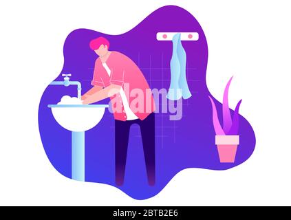 Mann, der sich die Hände mit Seife über dem Waschbecken im Badezimmer wäscht Stock Vektor