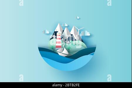 Papier Kunst der Illustration Reise in Urlaub Sommer Saison Konzept, Grafikdesign für Papier geschnitten Stil, Sommerzeit Idee Pastell Farbe Hintergrund, Stock Vektor