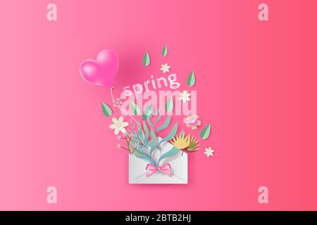 Papier Kunst und Handwerk des Straußes mit Frühlings Saison Text, Frühling Papier Briefe oder Umschlag Dekoration von Blumenstrauß Blumen, Blatt und Ballon Herz für te Stock Vektor