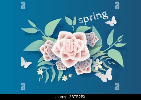 3D Papier Kunst und Handwerk der Illustration Blume und Blatt Dekoration Frühling auf platziert Text Raum Hintergrund, Frühling Saison für Karte Umwelt concep Stock Vektor