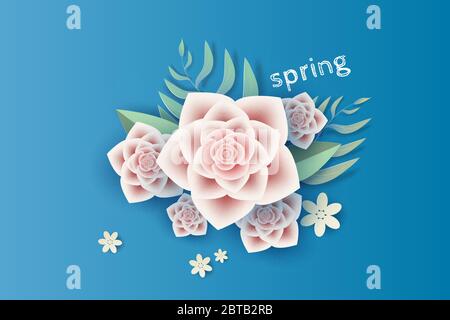 Digital 3d Papier Kunst der Illustration Blume und Blatt Dekoration Frühling auf platzierten Text Raum Hintergrund, Frühling Jahreszeit für Karte Umwelt Konzept, Stock Vektor