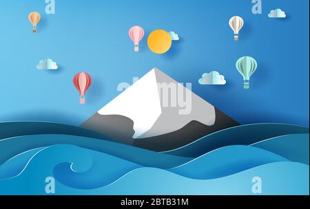 3D Papier Kunst der Illustration Sommer Jahreszeit Ballons bunt schwimmend auf Himmel, Landschaft schneebedeckten Berg Meerblick Szene, Kreatives Design Papier geschnitten Idee Stock Vektor