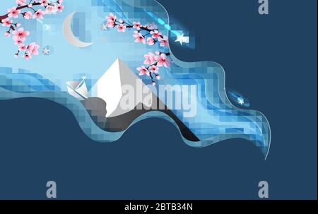 3d Papier Kunst des Frühlings abstrakte Kurve Landschaft des Berges Fuji.Cherry Blüte Frühling Saison Nacht.Half Mond und Stern fallen Licht schön.blau c Stock Vektor