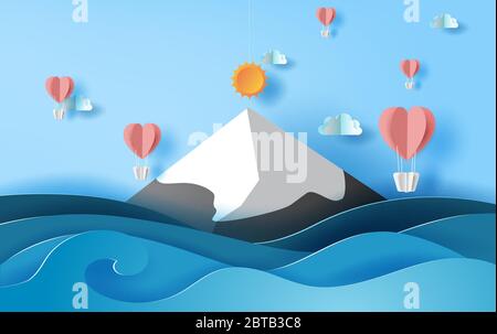 3D Papier Kunst der Illustration Sommer Saison Ballons Herz schweben auf Himmel, Landschaft schneebedeckten Berg Meerblick Szene, Kreatives Design Papier geschnitten Idee Summe Stock Vektor