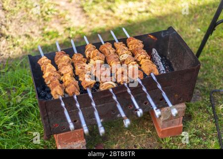 Verschiedene köstliche gegrillte Fleisch mit Gemüse über den Kohlen auf einem Grill Stockfoto