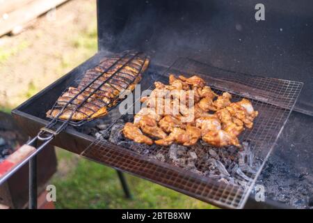 Verschiedene köstliche gegrillte Fleisch mit Gemüse über den Kohlen auf einem Grill Stockfoto