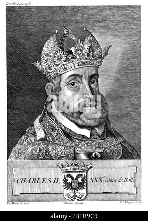 1550 ca. , SPANIEN : der König von Spanien Karl V. von HABSBURG ( 1500 - 1558 ) des Heiligen Römischen Reiches und Österreich und Flandes ( Charle II von Holland ). Stich von J.J. Flipart nach Tiziano Vecellio . - KARL - CARLO V Imperatore - Kaiser - Sacro Romano Impero - FIANDRE - OLANDA - SPAGNA - ADEL - NOBILI - Nobiltà austriaca e spagnola - KÖNIGLICHE HOHEIT - Kaiserliches Haus Habsburg - Inzisione - Gravur - ritratto - Porträt - Krone - Korona - Toson d'Oro - ASBURGO - HABSBURG - HASBURG - ABSBurgo - Bart - barba --- Archivio GBB Stockfoto