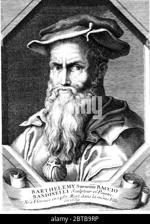 Der italienische florentiner Renaissance-Bildhauer BACCIO BANDINELLI (* 1488; † 1559) alias Bartolommeo Brandini . Graviertes Porträt aus dem Jahre 1721, Frankreich. - Bartolomeo - Barthelemy - Barthelemi - PORTRÄT - RITRATTO - ARTE - BILDENDE KUNST - ARTI VISIVE e PLASTICHE - SCULTORE - BILDHAUER - SCULTURA - SKULPTUR - Gravur - Incisione - Illustration - Illustrazione - RINASCIMENTO - Bart - Barba - Hut - cappello - conchiglia da pellegrino In Tera Santa - Shell Pilgrim - ARCHIVIO GBB Stockfoto