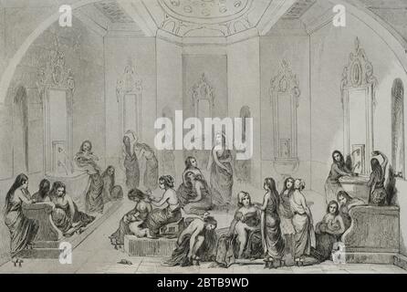 Osmanisches Reich. Türkei. Konstantinopel (heute Istanbul). Türkische Bäder für Frauen. Gravur von Lemaitre, Lalaisse und Chaillot. Historia de Turquia von Joseph Marie Jouannin (1783-1844) und Jules Van Gaver, 1840. Stockfoto