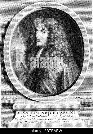 1700 Ca, FRANKREICH: Der italienische Mathematiker, Astronom, Astrologe und Ingenieur GIOVANNI DOMENICO CASSINI ( 1625 - 1712 ). Porträt von N. Dupuis, gestochen im Jahre 1780, nach Originalgemälde von Baubrun . Cassini entdeckte vier Satelliten des Planeten Saturn und stellte fest, die Teilung der Ringe von Saturn; die Cassini Division wurde nach ihm benannt. - JEAN DOMINIQUE - SATELLITI del PIANETA SATURNO - SCIENZA - ritratto - Portrait - barba - Bart - ASTRONOMIA - ASTRONOMIA - ASTRONOMY - ASTRONOMER - SCIENZIATO - SCIENZA - WISSENSCHAFT - WISSENSCHAFTLER - GESCHICHTE - foto storiche - foto storica - scienziato - Stockfoto