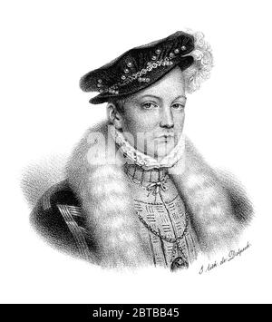 1560 Ca, PARIS, FRANKREICH: Der König François II von Frankreich (1544 - 1560) Valois-Angoulême, König Gemahlin von Schottland nach der Ehe mit Königin MARIA I STUART von Schotten (1542 - 1587). Ohne Söhne wurde der Thron seinem Bruder Karl IX. Porträt von Delpech , XIX Jahrhundert - RE FRANCESCO di FRANCIA - Valois Angouleme - FRANCIS - ADEL - NOBILI - Nobiltà francese - REALI - ROYALTY - CASA REGNANTE DI FRANCIA - illustrazione - Illustration - Gravur - incisione - RE - Hut - cappello - Kragen - colletto - gorgiera - Fell - pelliccia --- ARCHIVIO GBB Stockfoto