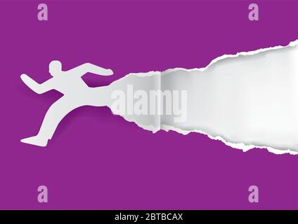 Laufender Mann, der violetten Papierhintergrund reißt. Illustration der laufenden männlichen Silhouette. Platz für Ihr Bild oder Text. Vektor verfügbar. Stock Vektor