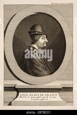 1480 Ca, FRANKREICH: Der französische König LUDWIG XI Valois ( 1423 - 1483 ) dit Le Prudent . Vater von König Karl VIII. Gravur von unbekannt , 1747 veröffentlicht. - ADEL - NOBILI francesi - Nobiltà francese - FRANCIA - illustrazione - Illustration - Gravur - incisione - LUIGI XI Re di Francia --- ARCHIVIO GBB Stockfoto