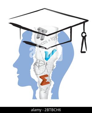 Student der Mathematik mit Mörsertafel. Zerrissenes Papier stilisierte männliche Kopf mit zerrissenen Papierfragmenten mit Mathematik Symbole und Mörsertafel. Stock Vektor