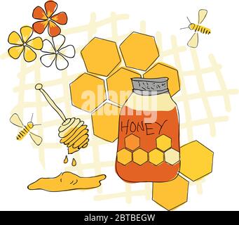 Sweet Honig Platzierung Print Vektor Illustration Oberflächengestaltung mit Honig Honigbienen Blumen und Waben Stock Vektor