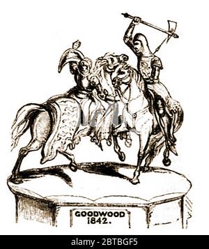 Seltener Stich des Designs für den Goodwood Cup von 1842 mit Sir Robert Bruce und Henry de Bohun (entworfen von Mr Cotterill und in Silber von Garrards). Zum Zeitpunkt der Veröffentlichung der Entwürfe war noch zu bestätigen, welcher Pokal für welches Rennen und der Name, den es geben sollte, vergeben werden würde. (Der Gewinner des Goodwood Cups 1842 war Karl der Zwölfte) Stockfoto