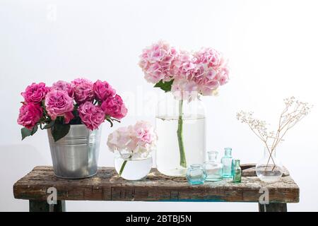 Ein Strauß roter Rosen in einem Zinnkübel, bunte pastellfarbene Hortensien in einem Glasgefäß, Gipsophila in einem Fläschchen und ein Satz kleiner Flaschen auf dem Stockfoto