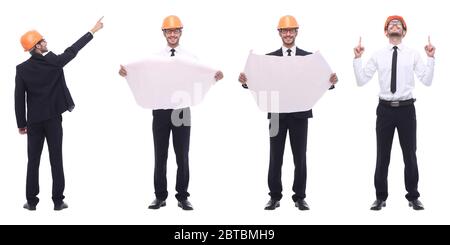 Panorama Foto Collage von qualifizierten Architekten isoliert auf weißem Stockfoto